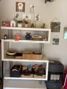Étagère accessoires et jouets pour chien salon toilettage organisation produits chien